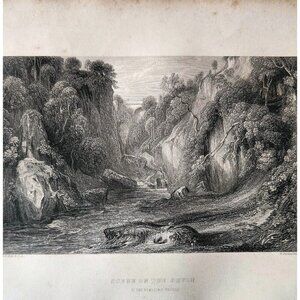 1844 Scene On Devon River Engraving Victorian Scotland Rumbling Bridge DWSS20